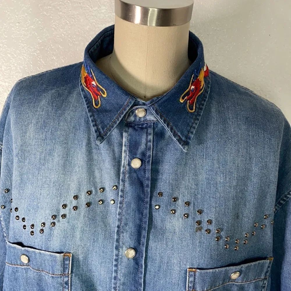 Vintage Just Cavalli blue denim jean studded dragon shirt XL